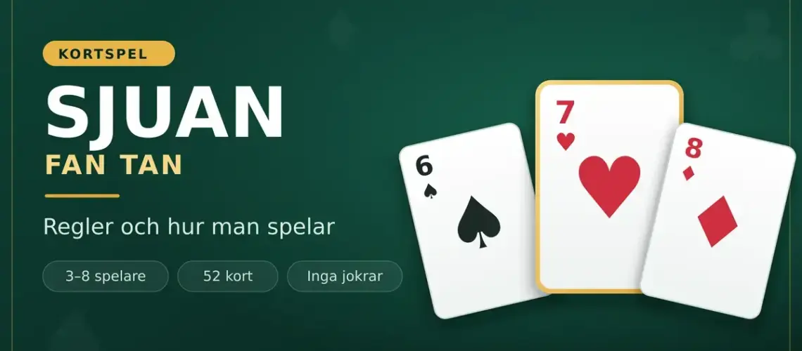 Illustration av kortspelet Sjuan (Fan Tan) med spelkorten sex i spader, hjärter sju och ruter åtta uppfällda på ett grönt spelbord.