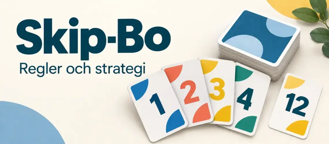 Illustration med färgglada numrerade kort och en kortlek bredvid texten ”Skip-Bo – Regler och strategi”.
