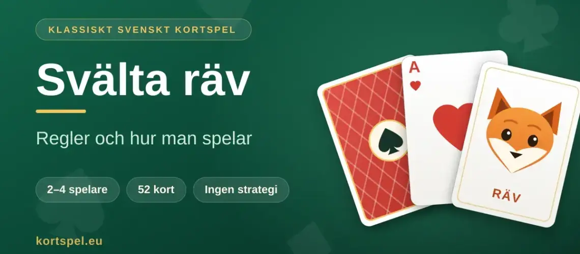 Illustration för kortspelet Svälta räv med tre spelkort – ett rött kortryggsmönster, hjärter ess och ett kort med ett rävansikte – bredvid texten "Svälta räv – regler och hur man spelar".