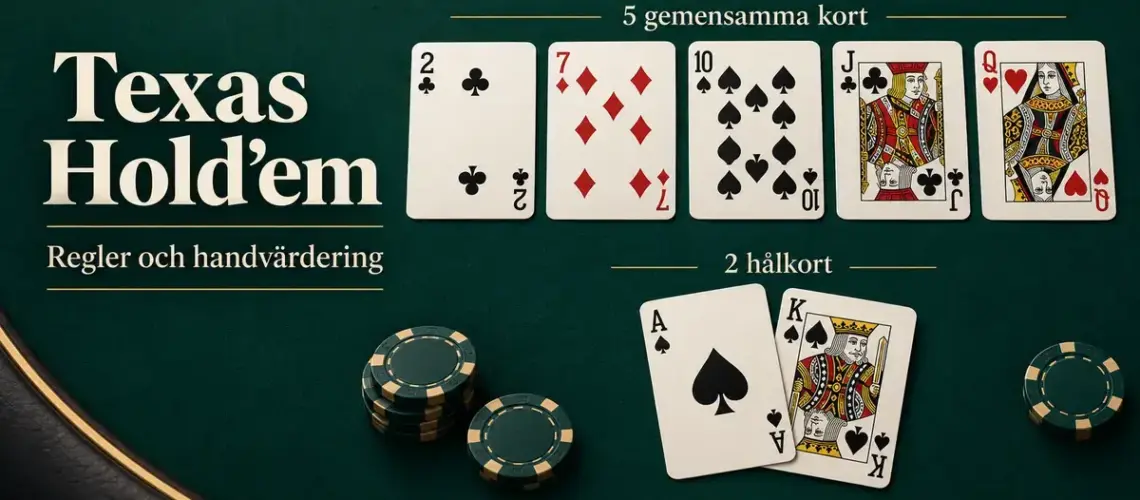 Illustration av Texas Hold’em med fem gemensamma kort, två hålkort och spelmarker på ett grönt pokerbord samt texten ”Regler och handvärdering”.