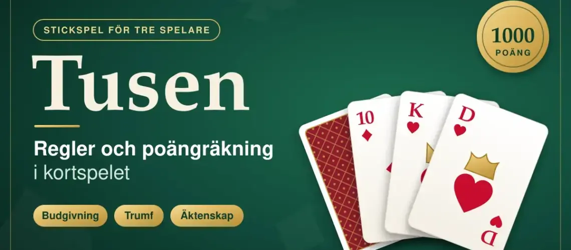 Grafisk bild för kortspelet Tusen med en solfjäder av spelkort – ett kort med baksidan upp, ruter tia, hjärter kung och hjärter dam – på ett grönt spelbord, ett guldmärke med texten "1000 poäng" och rubriken "Tusen – regler och poängräkning i kortspelet".