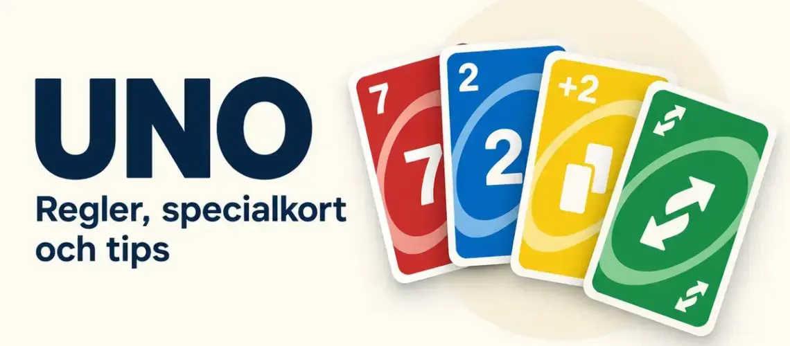 Fyra färgglada spelkort med siffror och specialsymboler bredvid texten ”UNO – Regler, specialkort och tips”.
