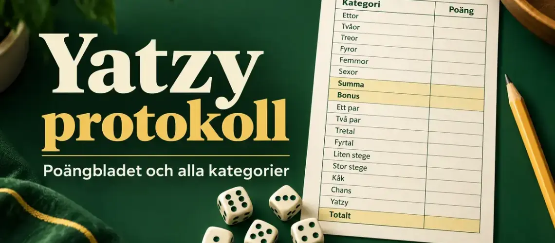 Yatzyprotokoll med alla poängkategorier, fem tärningar och en penna mot en mörkgrön bakgrund.