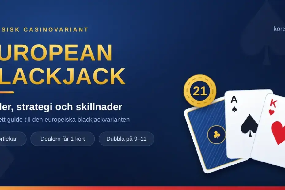 Grafik för European Blackjack med spelkorten ess i spader och kung i hjärter samt en guldfärgad spelmark med talet 21 mot mörkblå bakgrund.