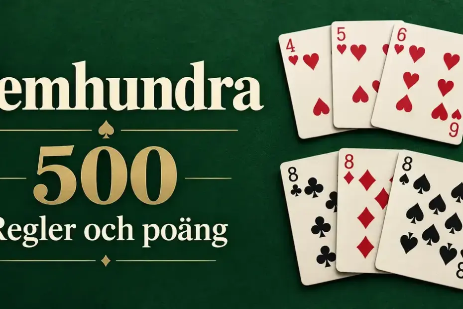 Spelkort med en hjärterstege och ett tretal i åttor på grön bakgrund bredvid texten ”Femhundra 500 – Regler och poäng”.