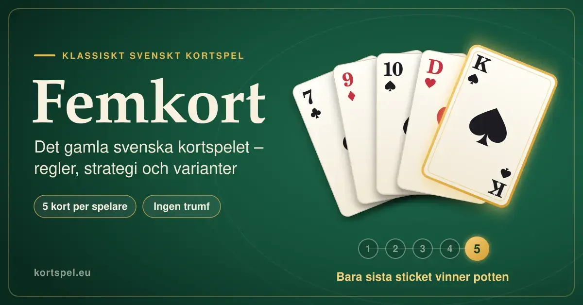 Grafik om femkort med fem spelkort utlagda som en solfjäder på ett grönt spelbord, där det sista kortet, en spaderkung, lyser i guld för att visa att bara det sista sticket vinner potten.
