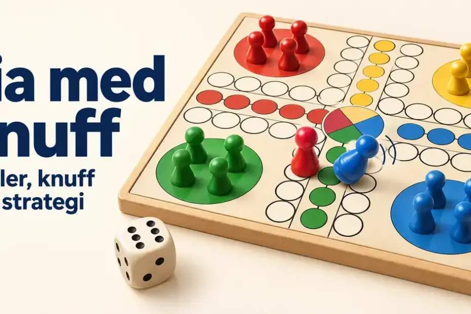 Illustration av Fia med knuff med färgglada spelpjäser, en tärning och en röd pjäs som knuffar en blå, bredvid texten ”Fia med knuff – Regler, knuff och strategi”.