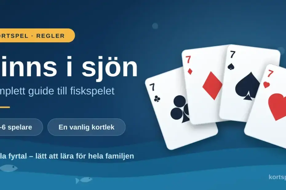 Fyra spelkort med sjuor i alla färger mot en blå vattenbakgrund med texten "Finns i sjön – komplett guide till fiskspelet".