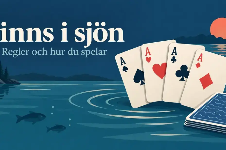 Fyra ess och en kortlek mot en illustrerad sjö med fiskar och texten ”Finns i sjön – Regler och hur du spelar”.
