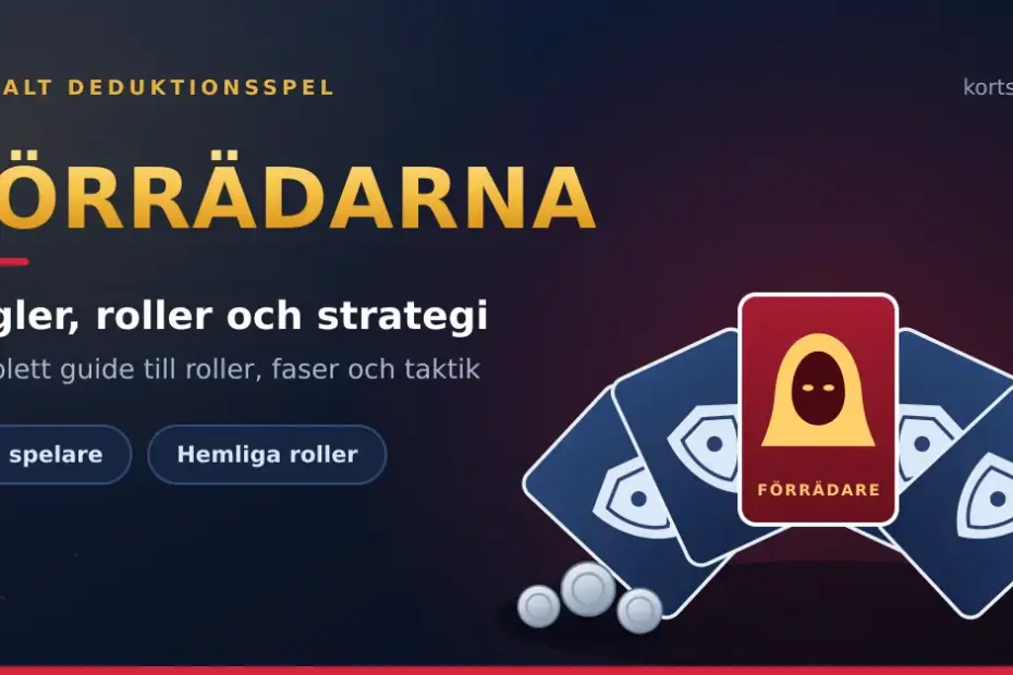 Grafik för spelet Förrädarna med fyra blå rollkort märkta med sköldar för de trogna och ett rött kort med en huvklädd förrädare i mitten, bredvid en hög med silvermynt.