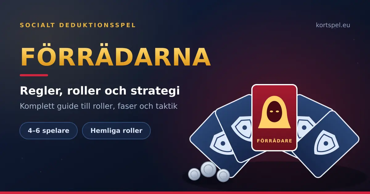 Grafik för spelet Förrädarna med fyra blå rollkort märkta med sköldar för de trogna och ett rött kort med en huvklädd förrädare i mitten, bredvid en hög med silvermynt.