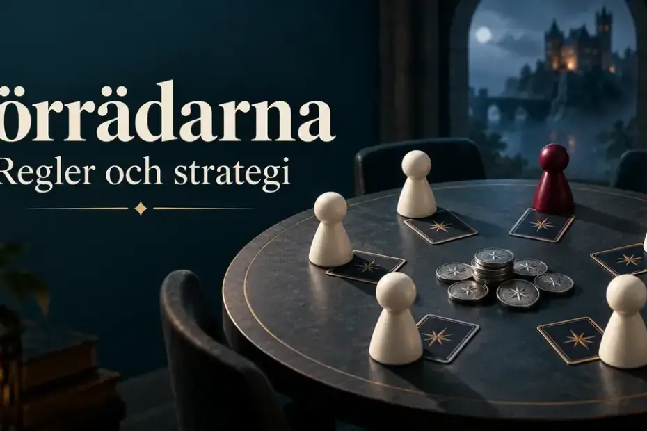 Fem ljusa spelpjäser och en vinröd pjäs står runt ett bord med rollkort och silvermynt intill texten ”Förrädarna – Regler och strategi”.