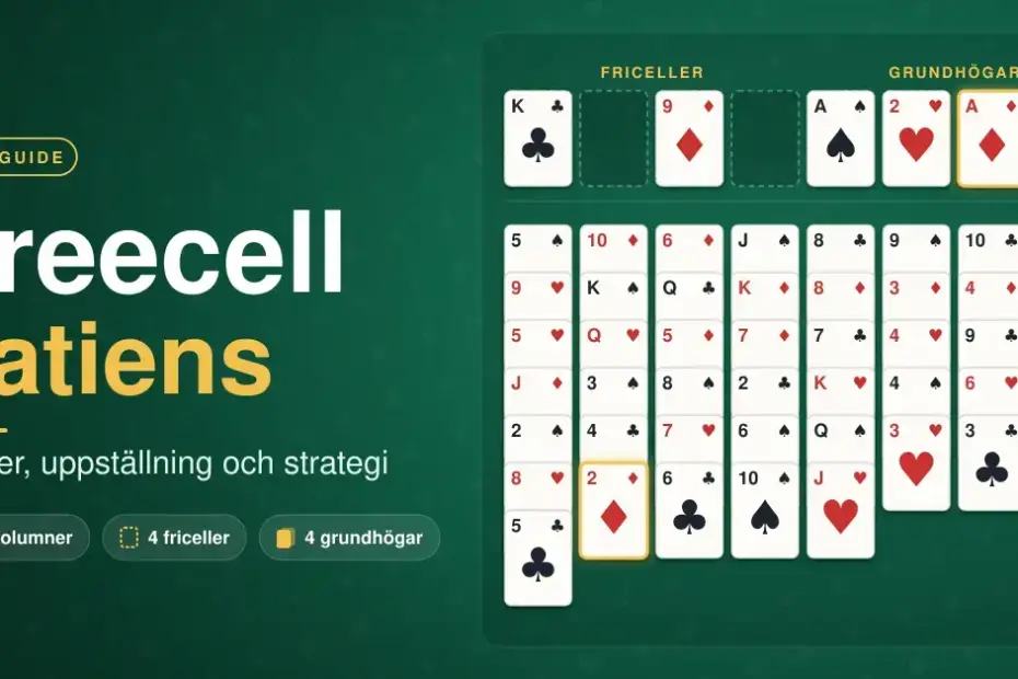 Grafik med texten ”Freecell patiens – regler, uppställning och strategi” bredvid en Freecell-patiens på grönt spelbord med åtta kolumner av kort, fyra friceller och fyra grundhögar.