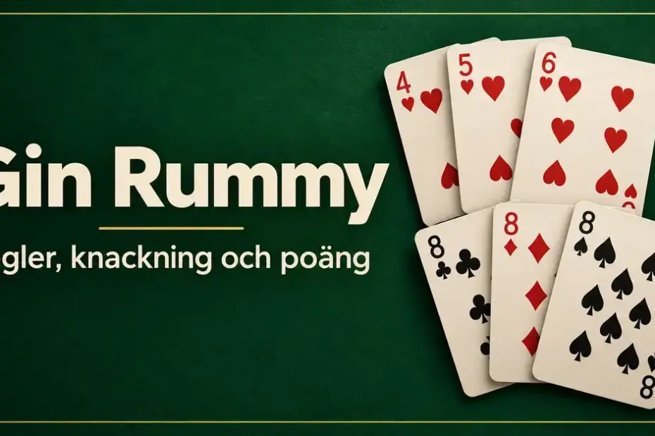 Illustration av en hjärterstege och tre åttor mot grön bakgrund med texten ”Gin Rummy – Regler, knackning och poäng”.