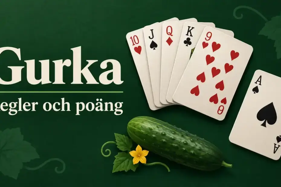 Spelkort och en gurka mot mörkgrön bakgrund med texten ”Gurka – Regler och poäng”.