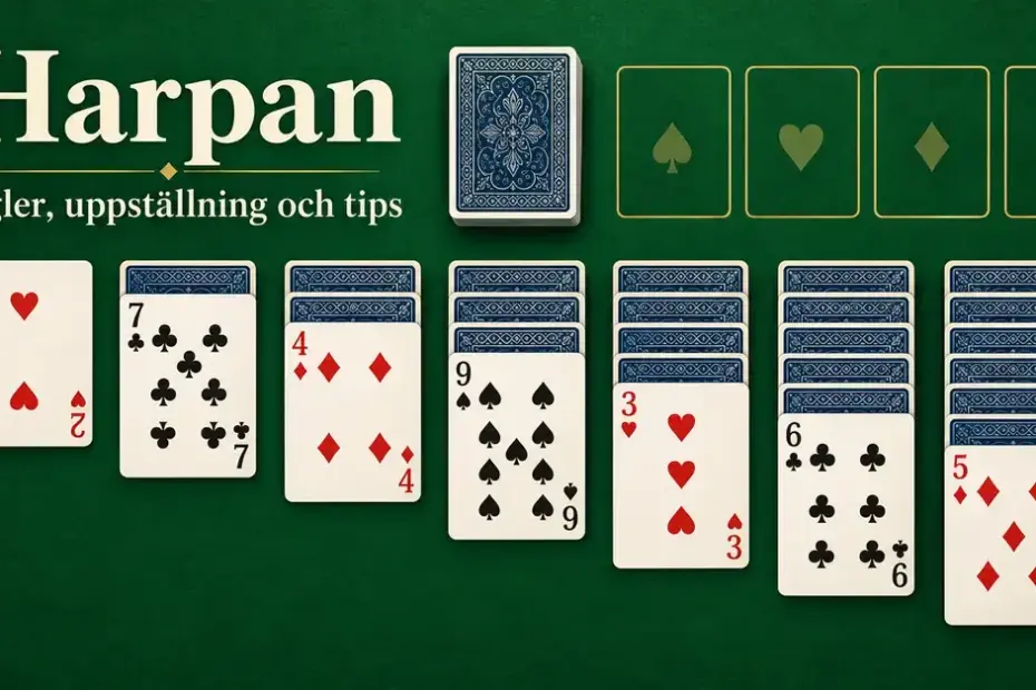 Harpan uppställd på ett grönt spelbord med sju korthögar, en draghög och fyra tomma svithögar under rubriken ”Harpan – regler, uppställning och tips”.