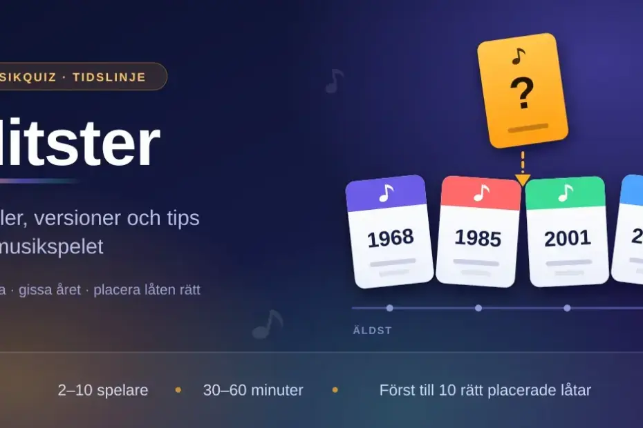 Illustration av musikspelet Hitster: ett frågetecken-kort med not placeras på rätt plats i en tidslinje av årtalskort från 1968 till 2018.