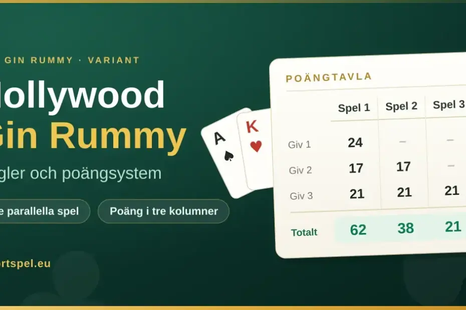 Grafik med rubriken "Hollywood Gin Rummy – regler och poängsystem" bredvid en poängtavla där tre spel räknas i varsin kolumn, med två spelkort intill.