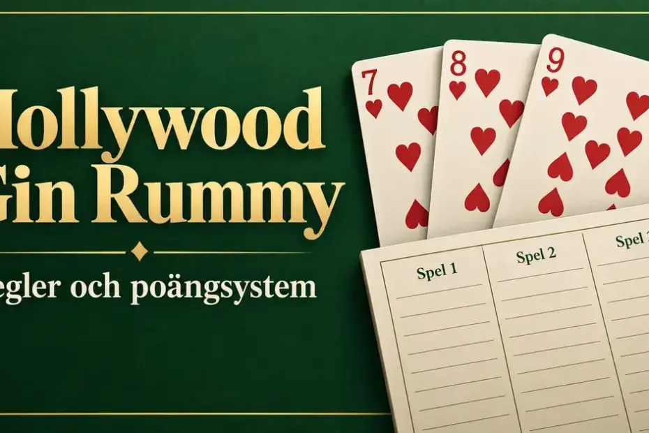 Spelkort och ett poängprotokoll med tre kolumner för Hollywood Gin Rummy mot en mörkgrön bakgrund med texten ”Regler och poängsystem”.