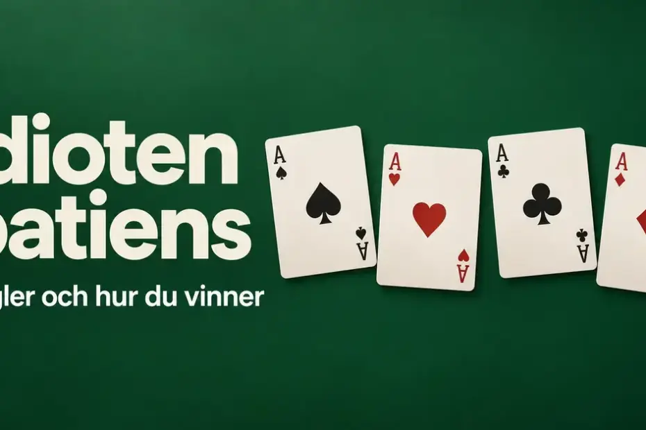 Fyra ess i spader, hjärter, klöver och ruter på grön bakgrund med texten ”Idioten patiens – Regler och hur du vinner”.