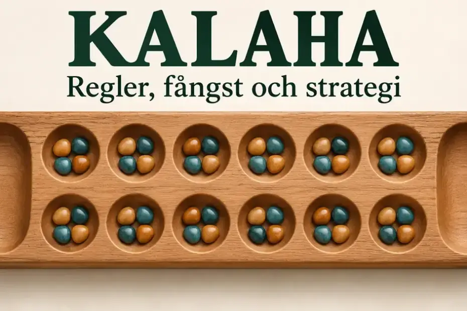 Kalaha-bräde i trä med två rader om sex gropar, fyra kulor i varje grop och två tomma poängskålar under rubriken ”Kalaha – Regler, fångst och strategi”.
