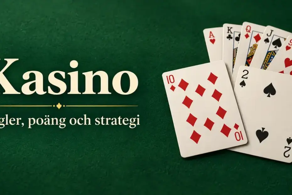 Spelkort med ruter tio och spader två i förgrunden på ett grönt bord bredvid texten ”Kasino – Regler, poäng och strategi”.