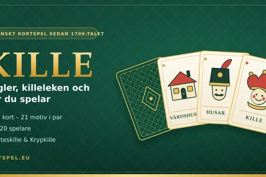 Grafik för artikel om det svenska kortspelet Kille med tre killekort som visar motiven Värdshus, Husar och Kille (harlekin) samt texten "Kille – regler, killeleken och hur du spelar".