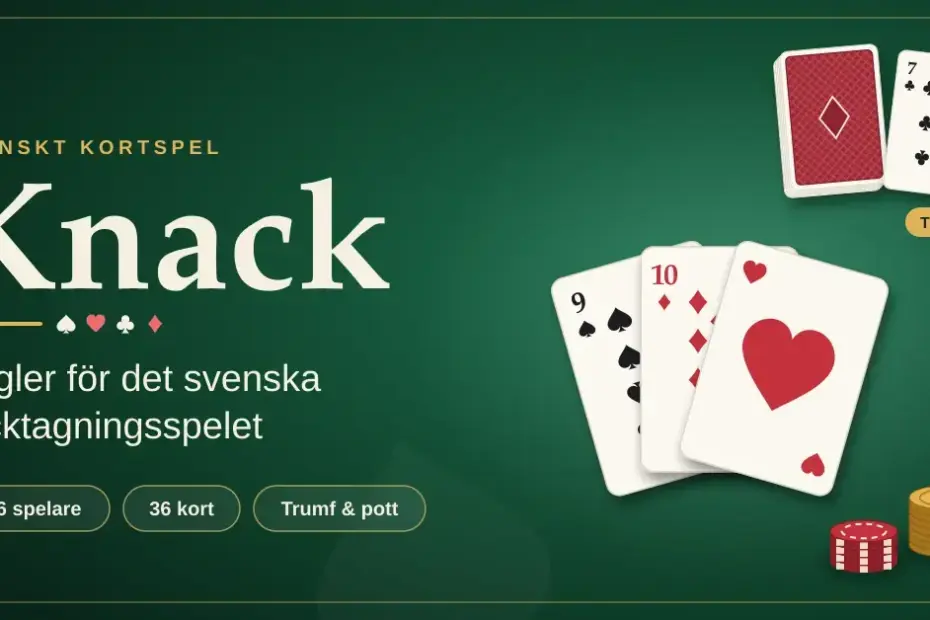 Grafik för kortspelet Knack med en solfjäder av tre spelkort, en kortlek med ett uppvänt trumfkort och en pott av mynt och marker på ett grönt spelbord, bredvid rubriken ”Knack – Regler för det svenska sticktagningsspelet”.