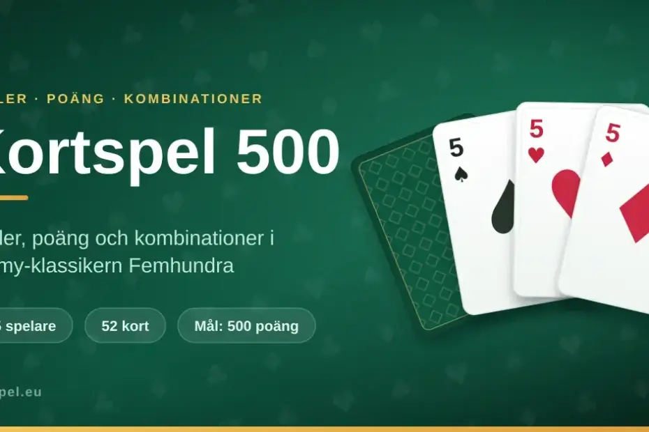 Grafik för guiden Kortspel 500 med rubriken "Kortspel 500" och en solfjäder av spelkort – tre femmor i spader, hjärter och ruter samt ett kort med baksidan upp – mot en grön spelduk.