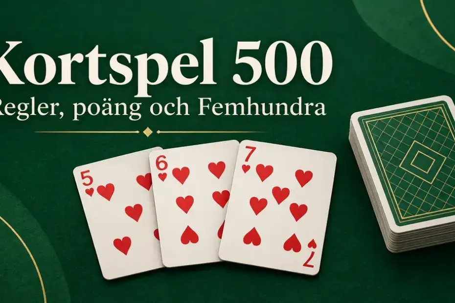 Hjärter fem, sex och sju ligger bredvid en korthög på grön bakgrund under texten ”Kortspel 500 – Regler, poäng och Femhundra”.