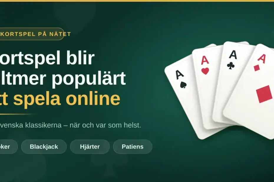 Grafik med rubriken ”Kortspel blir alltmer populärt att spela online” bredvid en solfjäder av fyra spelkort med ess i spader, hjärter, klöver och ruter mot en mörkgrön bakgrund.