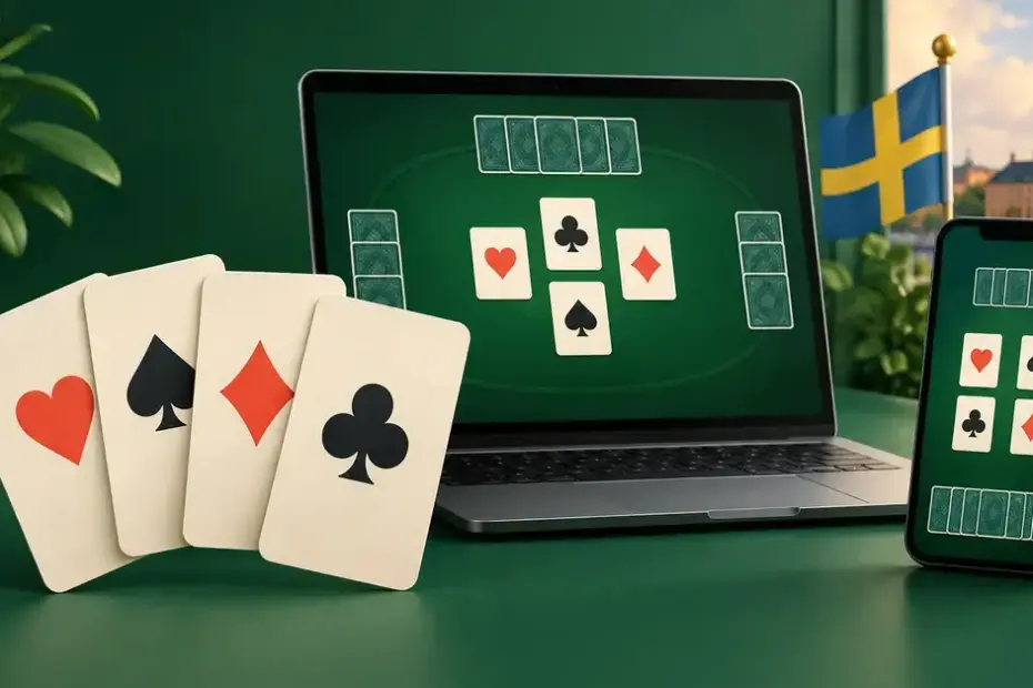 Spelkort framför en bärbar dator och en mobiltelefon med digitala kortspel, med en svensk flagga i bakgrunden.