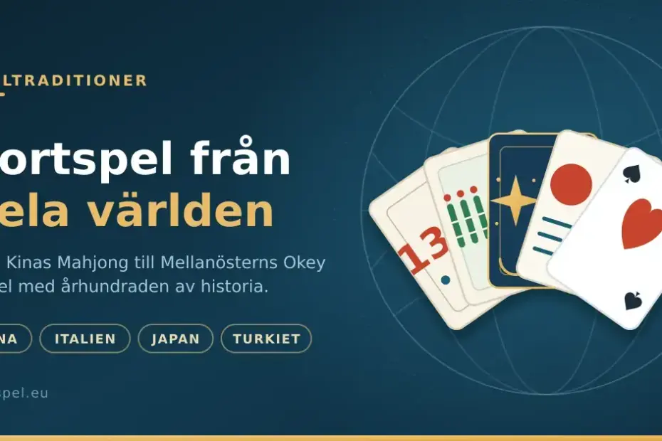 En illustration med fem uppslagna spelkort och brickor från olika kulturer – bland annat mahjong, tarot, karuta och okey – framför en jordglob, med rubriken "Kortspel från hela världen".