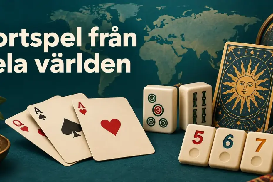 Spelkort, mahjongbrickor, okeybrickor och ett tarotkort framför en världskarta med rubriken ”Kortspel från hela världen”.