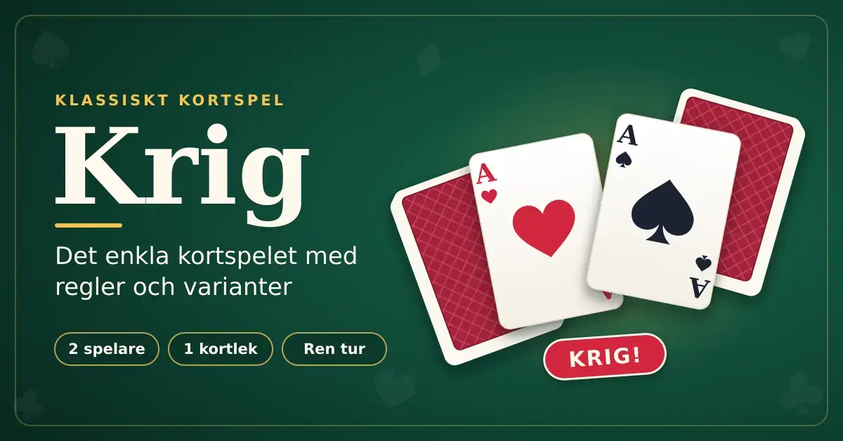 Grafisk illustration i grönt med rubriken "Krig", där ett hjärteress och ett spaderess möts framför två högar med nedvända kort och en röd skylt med texten "KRIG!".