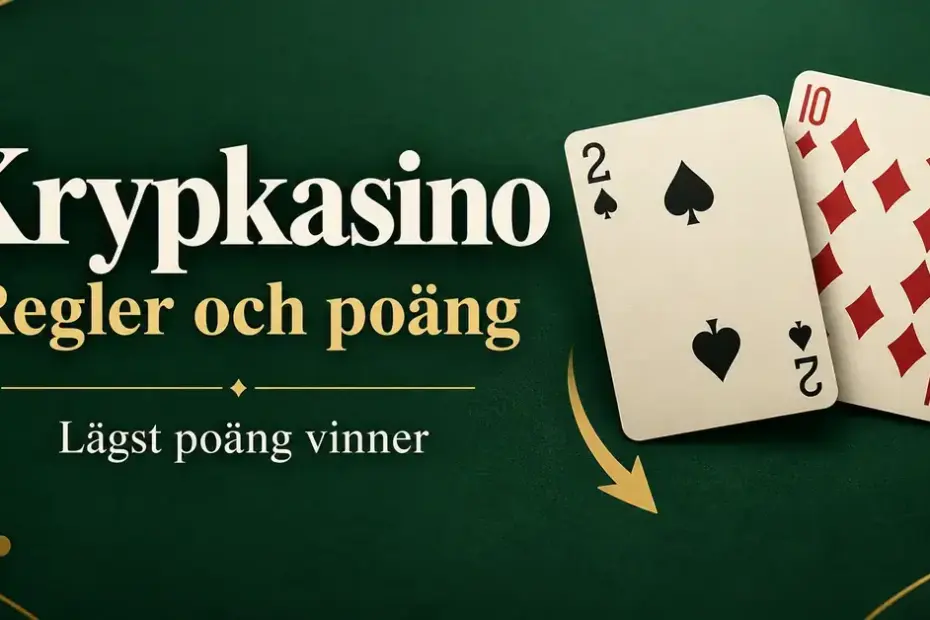 Spader två och ruter tio på ett grönt bord med en nedåtriktad pil och texten ”Krypkasino – Regler och poäng” samt ”Lägst poäng vinner”.