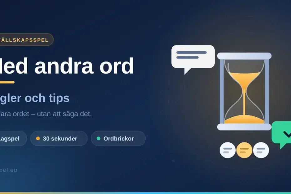 Grafik för sällskapsspelet Med andra ord med ett timglas, pratbubblor och ordbrickor samt texten "Med andra ord – regler och tips".