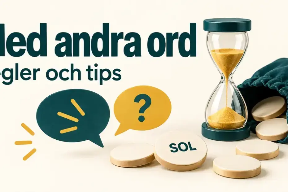Illustration till Med andra ord med ett timglas, en tygpåse, ordpolletter och pratbubblor samt texten ”Med andra ord – Regler och tips”.