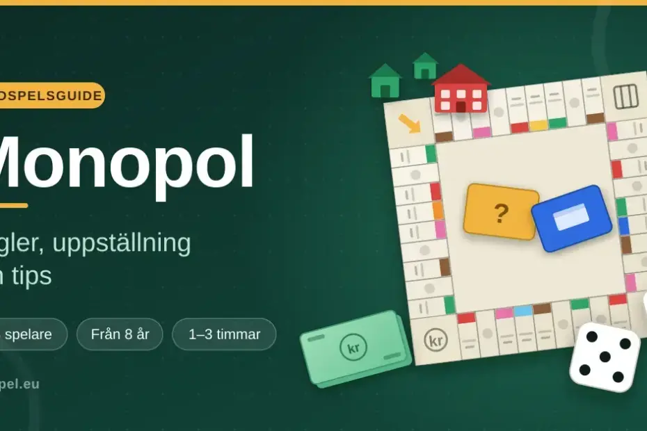 Illustrerad grafik med ett brädspel i Monopol-stil sett uppifrån, med tärningar, sedlar, hus och hotell samt texten "Monopol – regler, uppställning och tips".