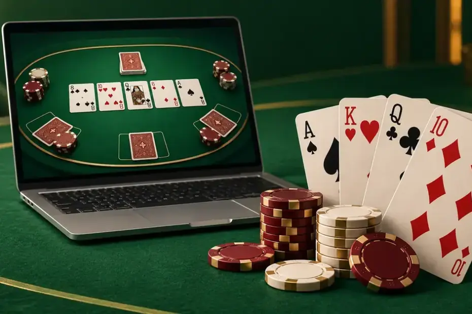En bärbar dator visar ett digitalt kortspel bredvid spelkort och kasinomarker på ett grönt spelbord.