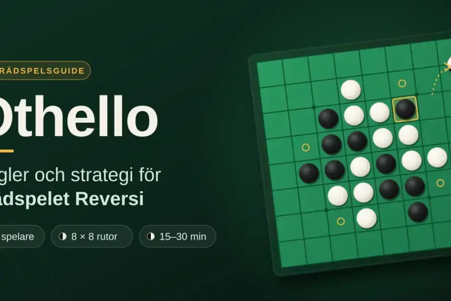 Grönt Othellobräde med svarta och vita brickor och en bricka som vänds i luften, bredvid rubriken ”Othello” och texten ”Regler och strategi för brädspelet Reversi”.