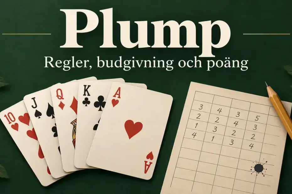 Spelkort, penna och poängprotokoll med en bläckplump på grön bakgrund under rubriken ”Plump – Regler, budgivning och poäng”.