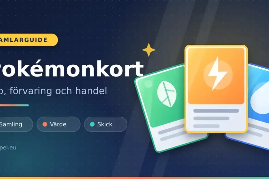En grafisk illustration med tre färgglada samlarkort i en solfjäder och texten "Pokémonkort – Köp, förvaring och handel".