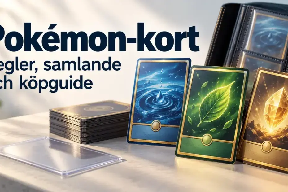 Illustration av samlarkort med vatten-, löv- och kristallmotiv, en kortpärm och ett skyddsfodral intill texten ”Pokémon-kort – Regler, samlande och köpguide”.