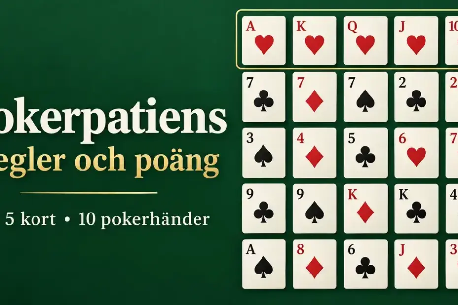 Pokerpatiens med 25 spelkort i ett rutnät med fem rader och fem kolumner samt rubriken ”Pokerpatiens – Regler och poäng” mot en mörkgrön bakgrund.