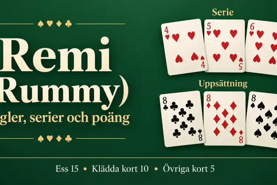 Illustration av remi med en serie i hjärter, en uppsättning åttor och kortens poängvärden mot grön bakgrund.