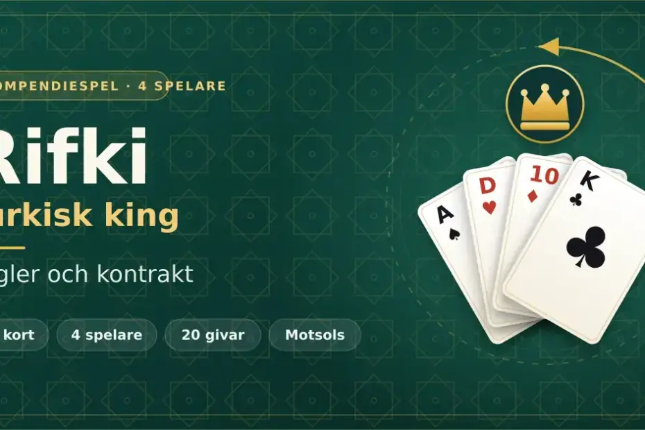 Grafik för kortspelet Rifki, också kallat turkisk king, med en solfjäder av spelkort, en gyllene krona och texten "Regler och kontrakt".