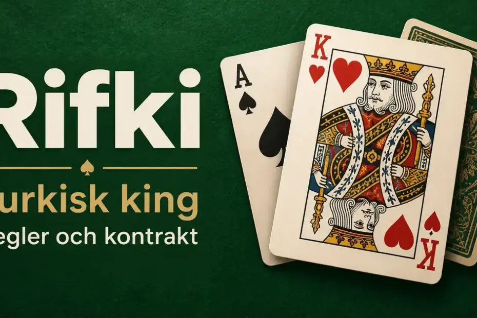 Hjärter kung och spader ess på grön bakgrund med texten ”Rifki – Turkisk king – Regler och kontrakt”.