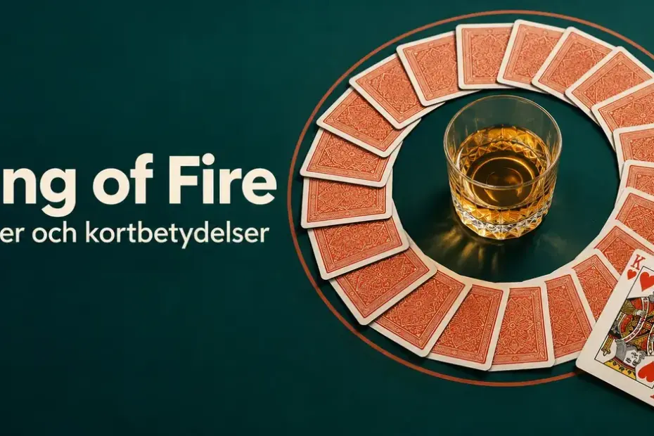 Spelkort i en ring runt ett glas med gyllene dryck, en uppvänd hjärterkung och texten ”Ring of Fire – Regler och kortbetydelser” mot mörkgrön bakgrund.