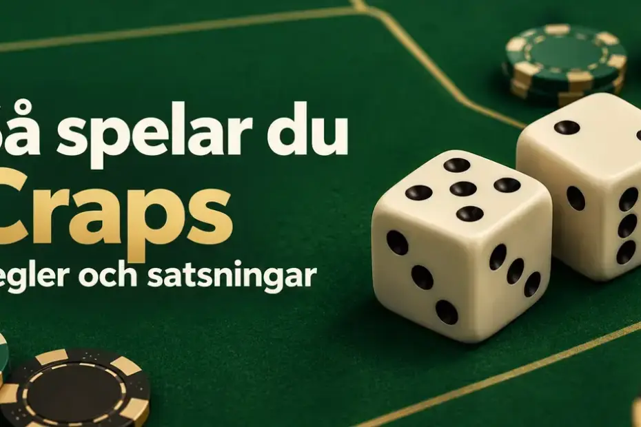 Två vita tärningar och spelmarker på ett grönt casinobord med texten ”Så spelar du Craps – Regler och satsningar”.